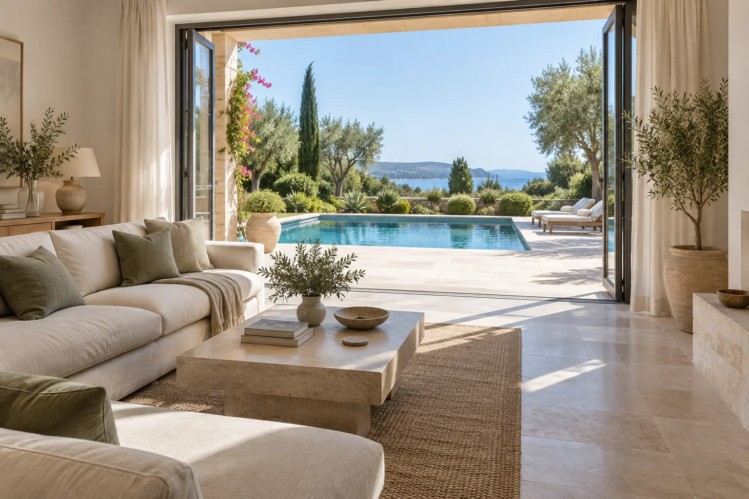 Mediterranean villa interior opening onto a pool and garden